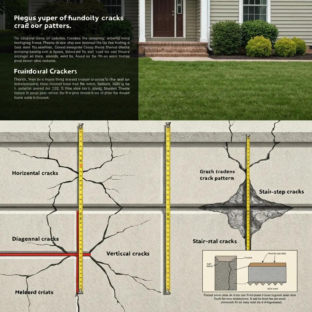 Close-up of various foundation cracks including horizontal, vertical, diagonal, and stair-step patterns, illustrating signs of structural issues and the importance of early identification for homeowners.
